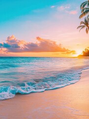 Poster - Breathtaking sunset at a tropical beach with turquoise waters and golden sand under swaying palm trees