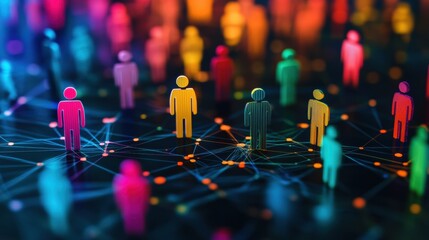 Aufkleber - Colorful figures on a digital grid highlight diverse customer insights and the importance of personalized marketing strategies in a modern setting