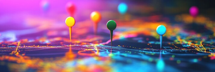 Poster - Colorful travel map showcasing vibrant destinations with bright pins highlighting places to explore and experience in a modern digital travel aesthetic