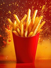 Poster - Golden crispy french fries bursting with color in a vibrant red container against a bright background