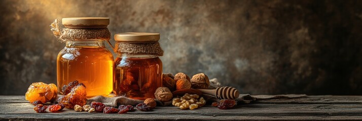 Poster - Still life of honey jars with nuts and dried fruits in warm sunlight creating a cozy atmosphere