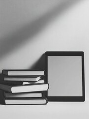 Poster - Stylish monochrome education background featuring books and a digital tablet with a soft gradient design for professional use