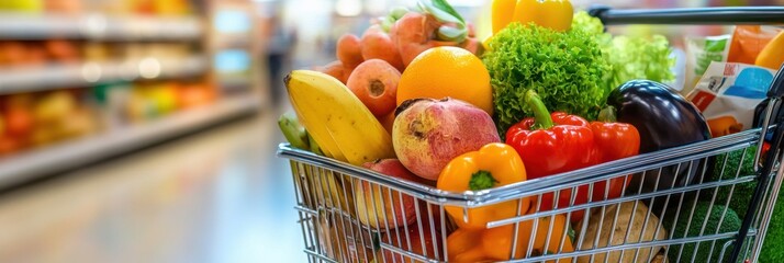 Aufkleber - Fresh produce shopping cart filled with colorful organic groceries in supermarket setting