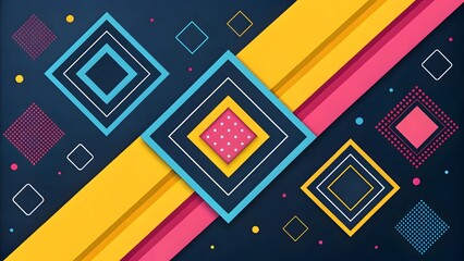 Poster - A vibrant explosion of colorful geometric shapes intersecting dynamically on a dark background, creating a playful and energetic design with bold lines and layered squares.