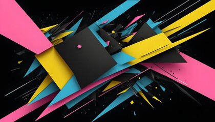 Poster - A vibrant explosion of geometric shapes in bold pink, yellow, and teal against a dramatic black background creating a dynamic and energetic visual experience.