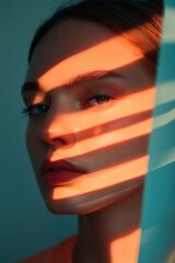 Aufkleber - Gradient Shadow Play Cinematic Millennial Beauty Portrait with Moody Teal and Tangerine Color Blocking - Contemporary Digital Aesthetic for Personal Branding