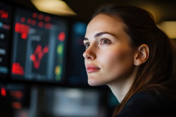 Fototapete - Next-Gen Data Intelligence Female Professional Navigating AI-Driven Global Analytics with Precision Focus and Innovative Tech Visualization