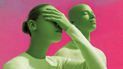 Poster - Digital Mindfulness Visualization Gen Z Monochrome Green Wellness Concept with Surreal Posture and Emotional Resilience in Vibrant AR-Inspired Design