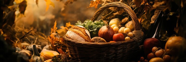 Aufkleber - Rustic basket overflowing with fresh organic vegetables, fruits, and homemade bread in a warm earthy setting