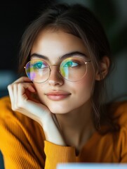 Aufkleber - Innovative Learning and Digital Empowerment Gen Z Professional with Reflective Glasses Embodying Mindful Tech Creativity and Soft Focus Inspiration