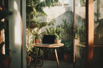 Poster - Biophilic Remote Work Sanctuary Minimalist Wooden Table, Lush Green Balcony - Tranquil Digital Nomad Workspace Blending Nature, Productivity and Wellness Aesthetic