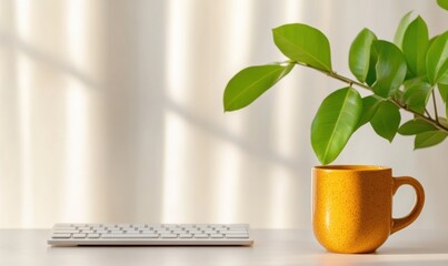 Poster - Minimalist Digital Workspace Ergonomic Wireless Keyboard with Biophilic Yellow Mug in Soft Natural Light - Modern Remote Work Productivity Aesthetic