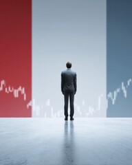 Poster - Economic Uncertainty Visualized Minimalist Finance Professional Navigating Volatile Market Trends with Digital Trading Analytics and Geopolitical Symbolism