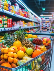 Poster - Shopping cart filled with vibrant fresh produce and organic groceries in a bustling supermarket