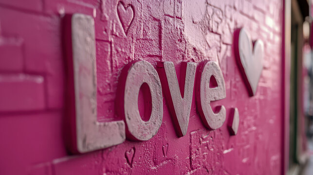 A pink wall with the word LOVE written in white letters
