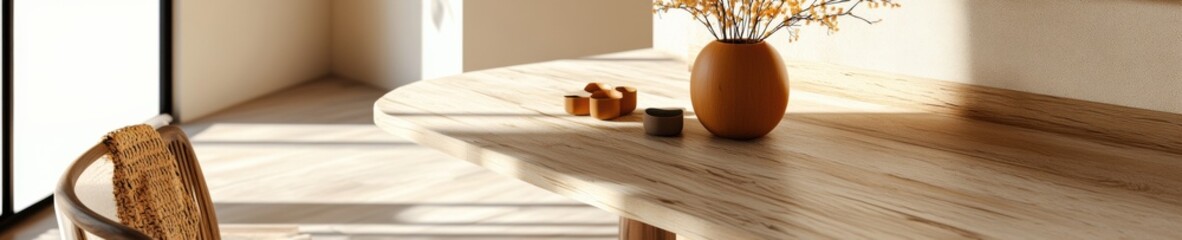 Poster - Minimalist Spatial Design Warm Wooden Surfaces and Organic Texture Revealing Contemporary Interior Styling with Natural Light Aesthetic