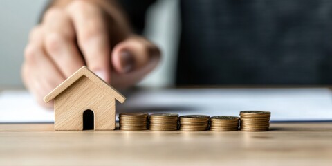Poster - Sustainable Financial Planning Minimalist Wooden House Model and Stacked Coins Visualizing Adaptive Wealth Strategy for Millennial Home Investment
