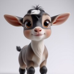 Poster - A cute, smiling baby goat stands with big eyes and large ears against a plain white background. The little animal has a brown and white coat, rosy cheeks, and a happy expression.