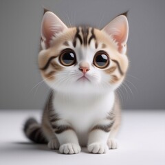 Aufkleber - A charming kitten with large, expressive eyes gazes upwards. Its soft fur and tiny paws add to its adorable appearance. A fluffy and cute animal against a simple grey backdrop.