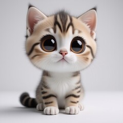 Poster - A fluffy, big-eyed kitten with striped fur sits and gazes directly ahead.  Its adorable expression and soft features are prominent against a plain background.