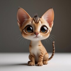 Poster - A charming cartoon cat with big, expressive eyes and ears sits patiently. The small kitten has brown stripes on its tan fur and a long tail.