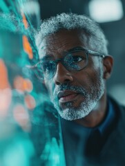 Poster - Mindful Tech Leadership Sophisticated Senior Professional in Immersive Digital Environment - Innovative Workplace Transformation and Generational Wisdom Visualization