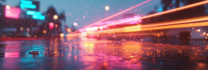 Poster - Cyberpunk Urban Nightscape Vibrant Neon Light Streaks Reflecting on Wet City Street - Immersive Digital Art Capturing Futuristic Metropolitan Atmosphere