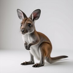 Aufkleber - A young kangaroo joey stands on a plain white background. The marsupial is brown with large ears and a long tail. It looks directly at the viewer in a studio style image.