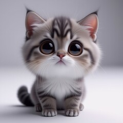 Aufkleber - A fluffy grey tabby kitten with big, endearing eyes sits patiently. Its soft fur and gentle gaze create an adorable and heartwarming image.