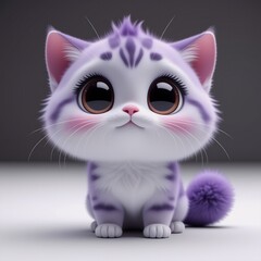 Poster - A fluffy, adorable kitten with big eyes, soft purple and white fur, and a playful tail sits sweetly, looking directly at the viewer in a studio setting.
