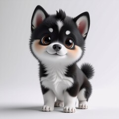 Poster - A fluffy black and white puppy with big brown eyes stands happily on a white background, looking directly at the viewer.