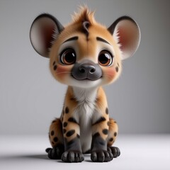 Poster - A charming cartoon hyena cub with big, expressive eyes and spotted fur sits cheerfully, rendered in a delightful digital art style.