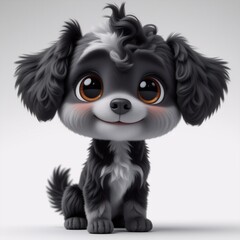 Poster - Cute black and white puppy with big brown eyes and floppy ears.  The adorable dog is sitting and smiling with a fluffy tail.