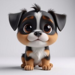 Poster - A charming puppy with big, soulful brown eyes and fluffy black and tan fur sits patiently on a white background, looking sweet and innocent.