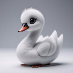 Poster - A fluffy white baby swan with big black eyes and an orange beak sits calmly. The adorable cygnet is isolated on a white surface against a soft grey background.