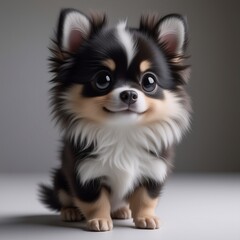 Aufkleber - A fluffy chihuahua puppy with black, white, and brown fur sits attentively, looking directly at the viewer with big, expressive eyes. The adorable small dog is captured in a studio setting.