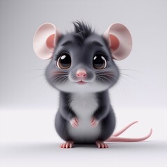 Aufkleber - A charming, fluffy, grey and white cartoon mouse with big, endearing eyes and large pink ears stands on a plain white background.  Its pink tail curls gently behind it.
