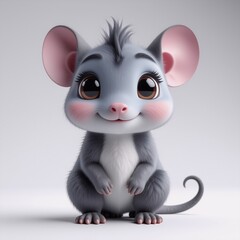 Poster - A charming, fluffy, grey cartoon mouse with big ears and bright eyes smiles sweetly against a plain background.  Cute and cuddly animal illustration.