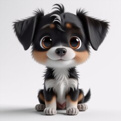 Poster - A charming puppy with big, bright eyes and fluffy fur sits patiently, looking directly at the viewer. The cute dog has a sweet and innocent expression.