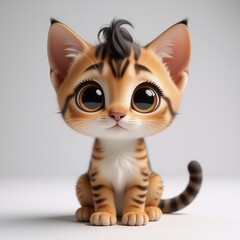 Poster - A charming cartoon kitten with big, expressive eyes and soft orange tabby fur is sitting patiently.  The digital art style gives it a sweet and innocent look.