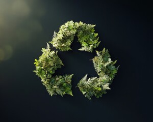 Poster - Eco-Conscious Circular Economy Visualization Dynamic Green Recycle Symbol Crafted from Living Ferns, Symbolizing Sustainable Design and Environmental Regeneration