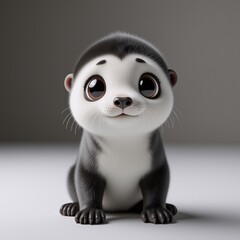 Aufkleber - A charming baby otter with big, innocent eyes gazes directly forward. Its soft, black and white fur and tiny paws add to its endearing and cute appearance.