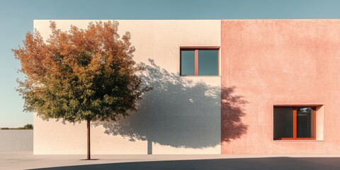 Aufkleber - Minimalist Urban Harmony Organic Tree Silhouette Meets Soft Architectural Palette - Contemporary Design Narrative of Nature and Built Environment