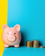 Poster - Vibrant Fintech Savings Aesthetic Minimalist Pink Piggy Bank with Stacked Coins on Bold Color-Block Background - Next-Gen Financial Wellness and Digital Banking Inspiration