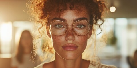 Poster - Empowered Gen Z Professional Authentic Curly-Haired Workspace Portrait with Golden Light, Showcasing Inclusive Millennial Workplace Aesthetic and Modern Soft-Tech Confidence