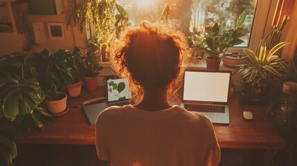 Poster - Biophilic Home Office Sanctuary Warm Golden-Hour Remote Work Aesthetic with Lush Indoor Plants and Minimalist Tech Design for Wellness-Focused Millennials
