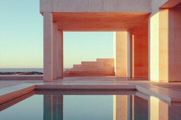 Aufkleber - Minimalist Architectural Serenity Golden Hour Geometric Poolside Design - Contemporary Wellness Landscape Exploring Spatial Mindfulness and Aesthetic Tranquility