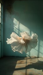 Poster - Ethereal Wabi-Sabi Aesthetic Soft Fabric Sculpture in Muted Teal Space - Minimalist Art Performance Exploring Movement, Texture, and Emotional Vulnerability