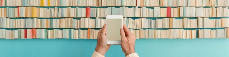 Fototapete - Minimalist Digital Reading Revolution Immersive Literary Discovery through Mobile Technology, Transforming Global Knowledge Access for Modern Learners