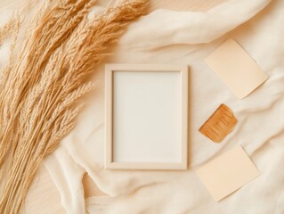 Aufkleber - Soft Minimalist Memory Frame Bohemian Aesthetic Mockup with Pampas Grass and Neutral Textures - Versatile Branding Content for Lifestyle Creators